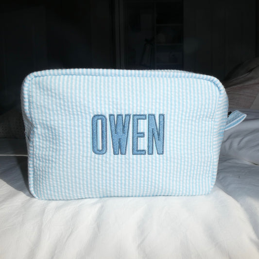Custom Light Blue Seersucker Pouch